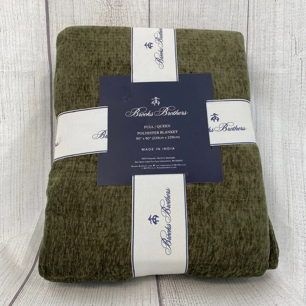 Brooks Brothers Blanket Full Queen Olive Green Textured Classic Cozy Earthy